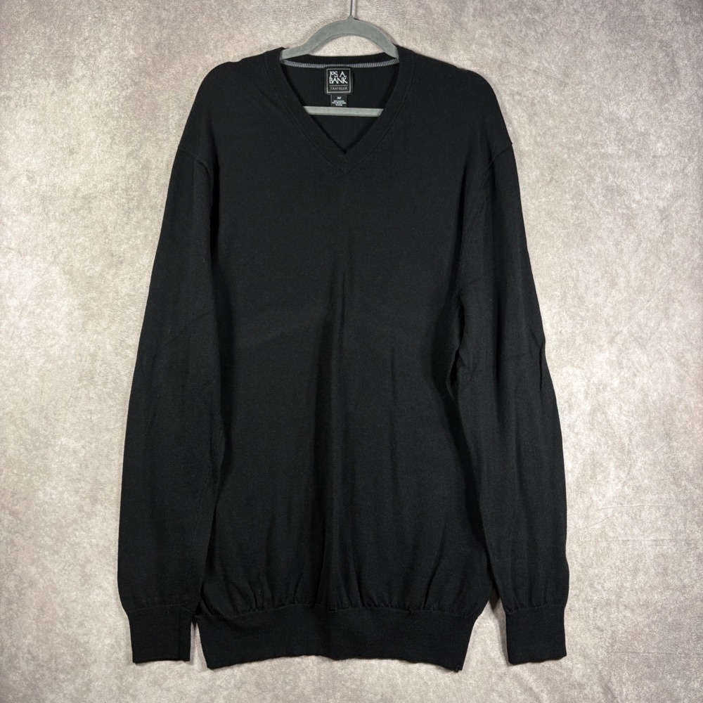 Jos A Bank Sweater Mens 2XLT Black Traveler V-Neck 100% Merino Wool Tall Casual